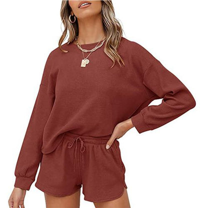 Women Long Sleeve T Shirt Tops Shorts Solid Color Home Two-piece Suit