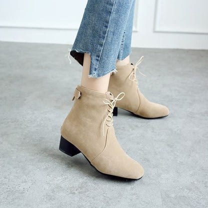 Women Lace Up Low Heels Short Boots