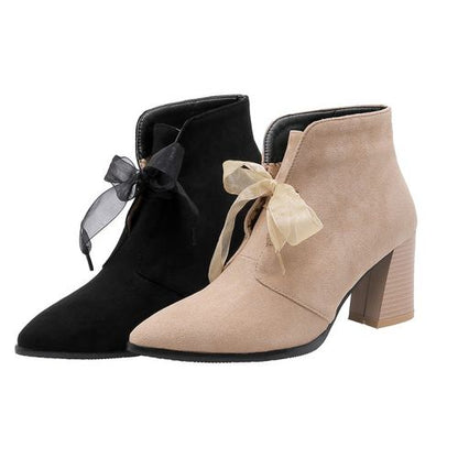 Women Suede Ribbon High Heels Short Boots