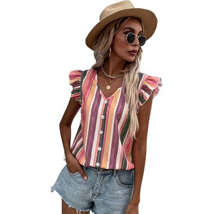 Womens V-neck Rainbow Stripe Top Shirt