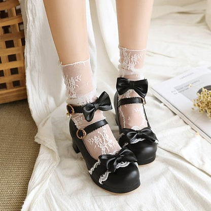 Women Chunky Heel Pumps Mary Janes Shoes with Bowtie