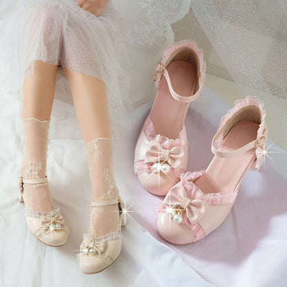 Women's Lace Bow Tie Mary Jane Mid Heels Sandals