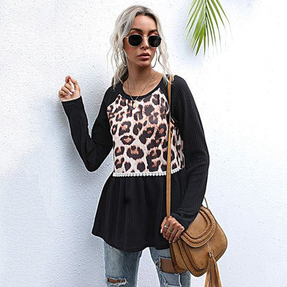 Womens Leopard Print Stitching Medium and Long T-shirt  Bottoming Shirt