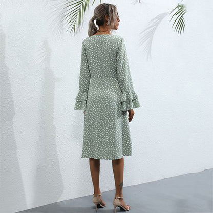 Women Lotus Leaf Sleeve Printed Long Sleeved Chiffon Dress