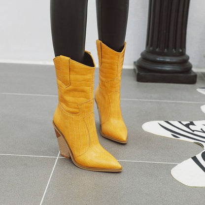 Women Pointed Toe Chunky High Heel Short Boots