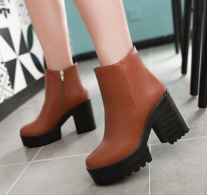 Ankle Boots for Women Platform High Heels Thick Heel Pu Leather Autumn Winter Shoes Woman 3829