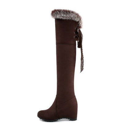 Women Fur Over the Knee Wedges Heels Boots