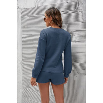 Women Long Sleeve T Shirt Tops Shorts Solid Color Home Two-piece Suit