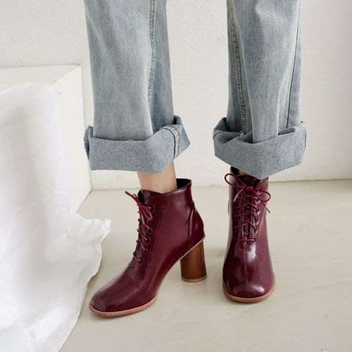 Women Lace Up Patent Leather High Heels Short Boots