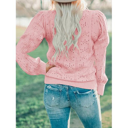 Women Hollow Long Sleeve Pullover Bubble Sleeve Sweater