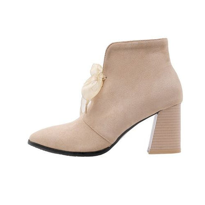 Women Suede Ribbon High Heels Short Boots