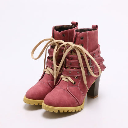 Women's Lace Up Buckle Belt Short Boots