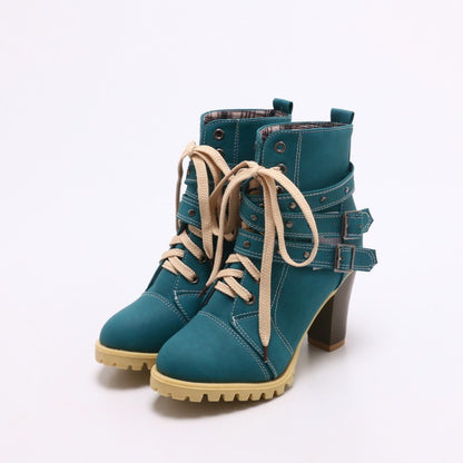 Women's Lace Up Buckle Belt Short Boots