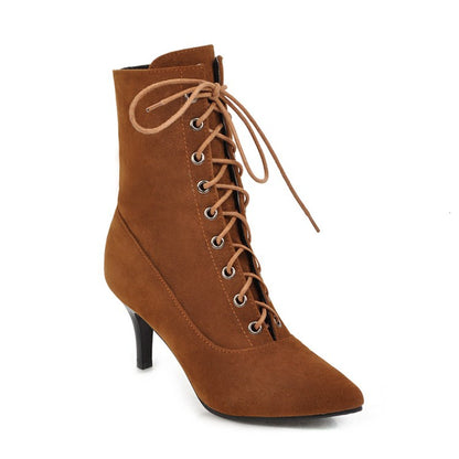 Pointed Toe Lace Up Women's High Heeled Ankle Boots