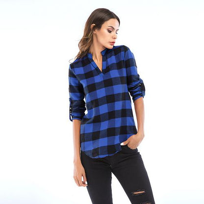 Casual Plaid Spring Fit V-neck Versatile Women  Blouses