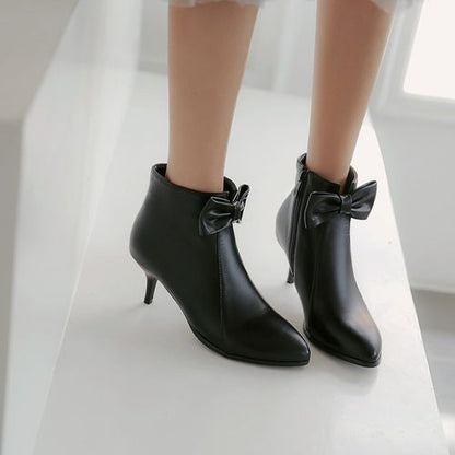 Women Pointed Toe Bowtie High Heels Ankle Boots