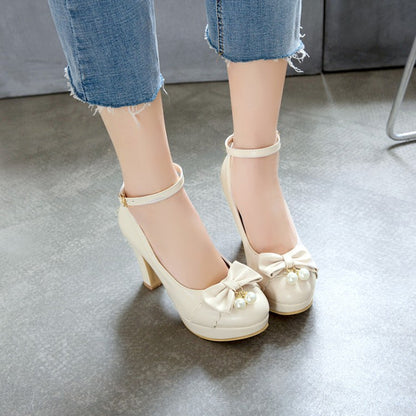 Women Bow Pearl High Heels Platform Pumps