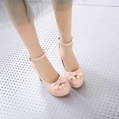 Women Bow Pearl High Heels Platform Pumps