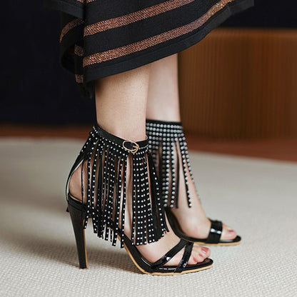 Women Rivets Tassel High Heel Sandals