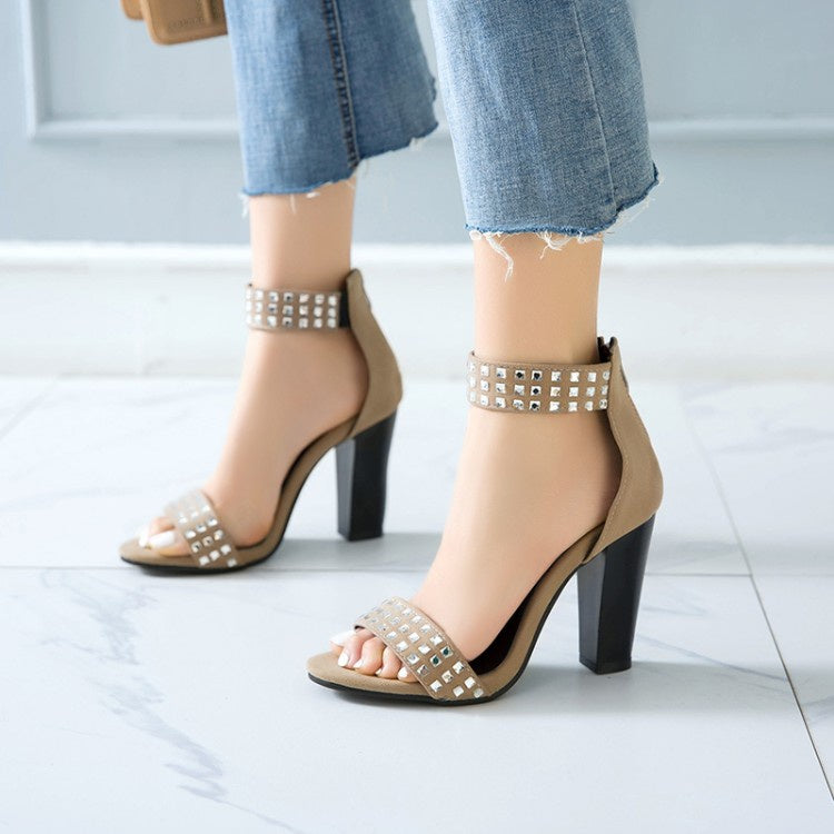 Women Rhinestone High Heel Chunky Sandals