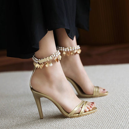 Women Pearl Buckle Belt High Heel Stiletto Sandals