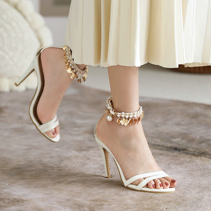 Women Pearl Buckle Belt High Heel Stiletto Sandals