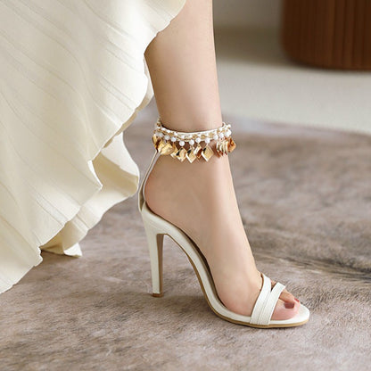 Women Pearl Buckle Belt High Heel Stiletto Sandals