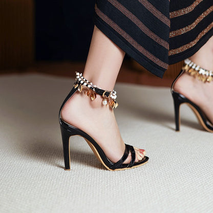 Women Pearl Buckle Belt High Heel Stiletto Sandals