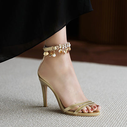 Women Pearl Buckle Belt High Heel Stiletto Sandals