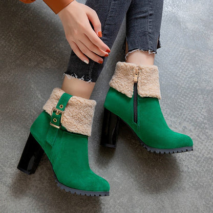 Women Buckle Wool High Heel Ankle Boots