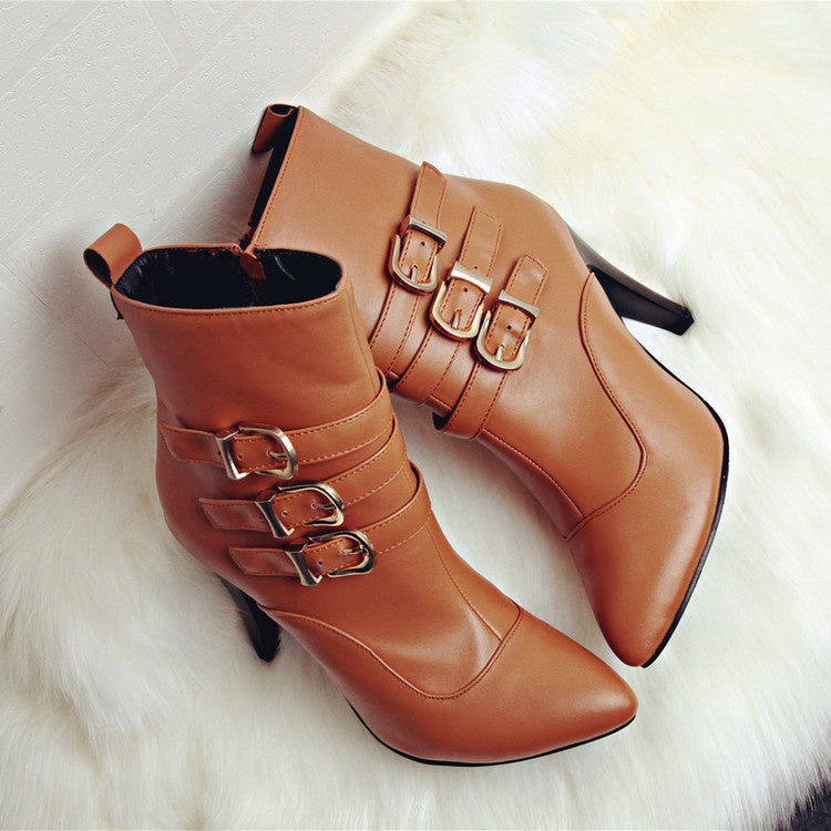 Women Pointed Toe Buckle High Heel Ankle Boots