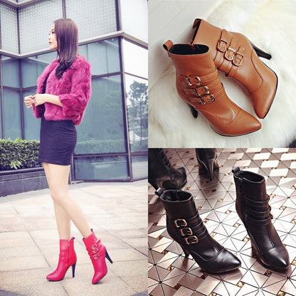 Women Pointed Toe Buckle High Heel Ankle Boots