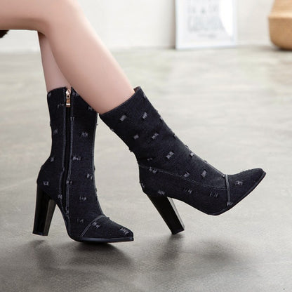 Women Denim High Heel Ankle Boots