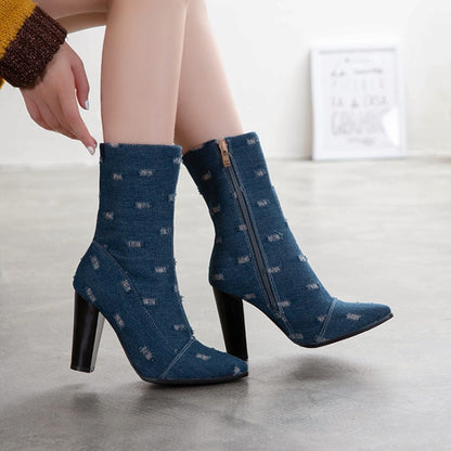 Women Denim High Heel Ankle Boots