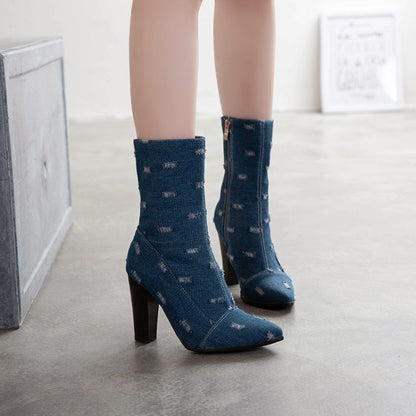 Women Denim High Heel Ankle Boots