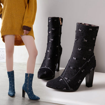 Women Denim High Heel Ankle Boots