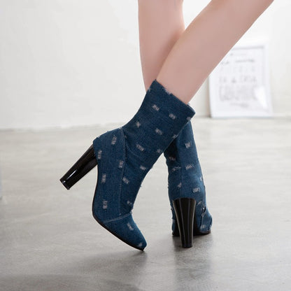 Women Denim High Heel Ankle Boots