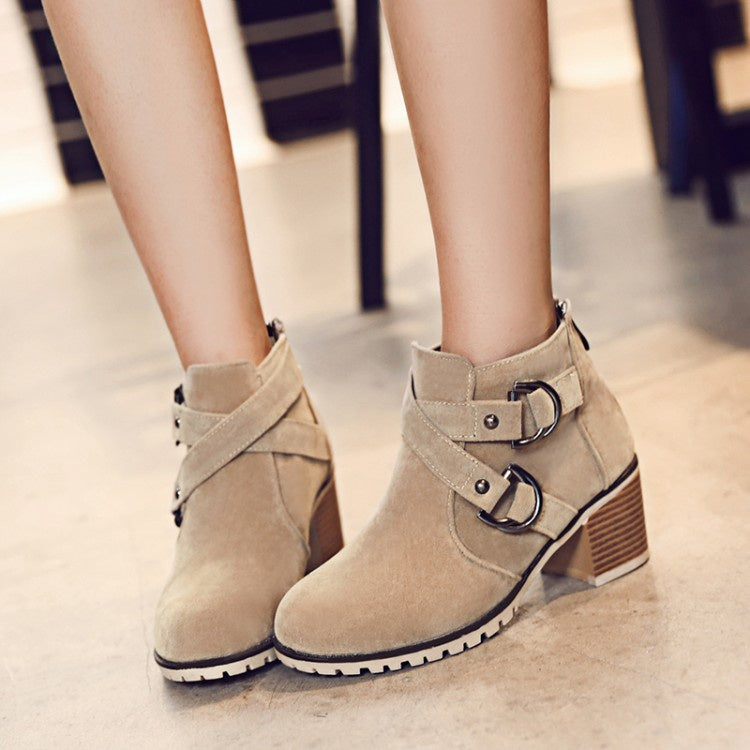 Women Buckle Block High Heel Ankle Boots