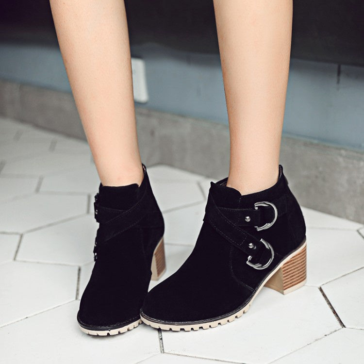 Women Buckle Block High Heel Ankle Boots