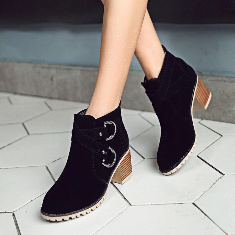 Women Buckle Block High Heel Ankle Boots