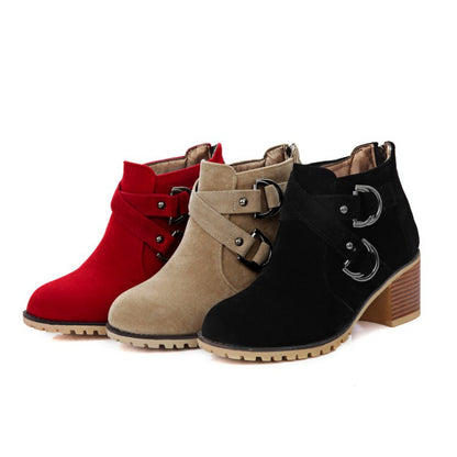 Women Buckle Block High Heel Ankle Boots