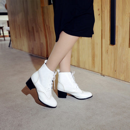 Women Lace Up Chunky High Heel Ankle Boots