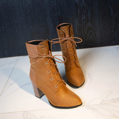 Women Lace Up Chunky High Heel Ankle Boots