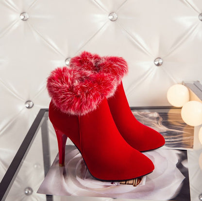 Women Furry Stiletto High Heel Ankle Boots