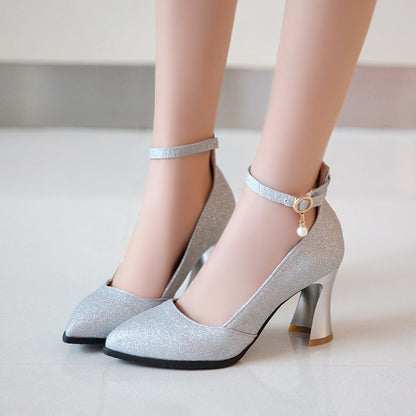 Pointed Toe Sequined Ankle Strap Women Thin High Heels Pumps