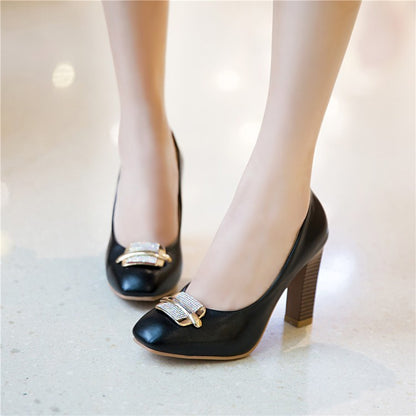 Women Rhinestone High Heels Block Pumps