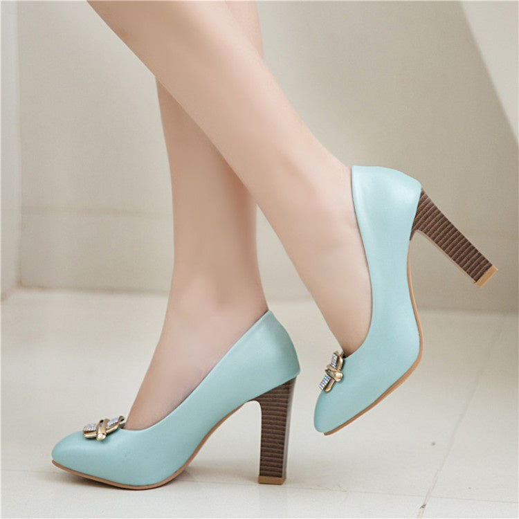 Women Rhinestone High Heels Block Pumps