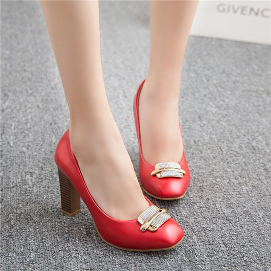 Women Rhinestone High Heels Block Pumps