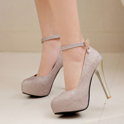 Women Ankle Strap Sequined High Heels Platform Pumps