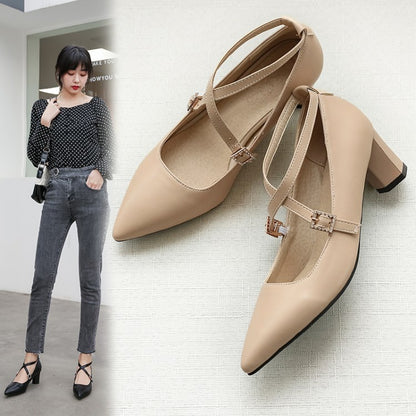 Women Pointed Toe Buckle High Heel Chunky Pumps